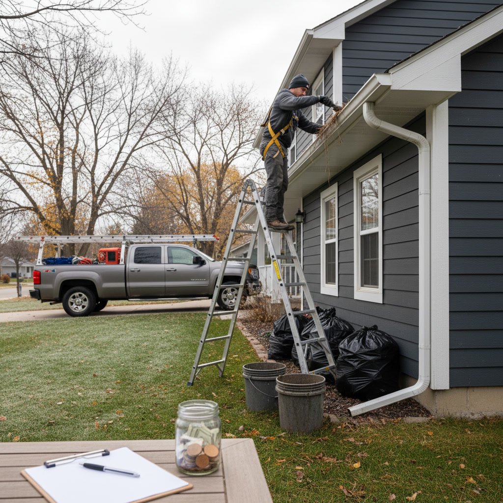 Professional gutter cleaning service on Minnesota home with autumn leaves