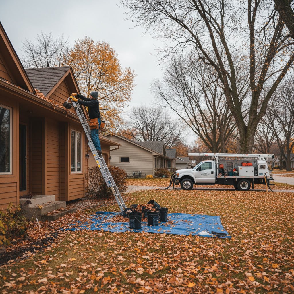 Clogged Minnesota gutter filled with leaves and debris before professional cleaning