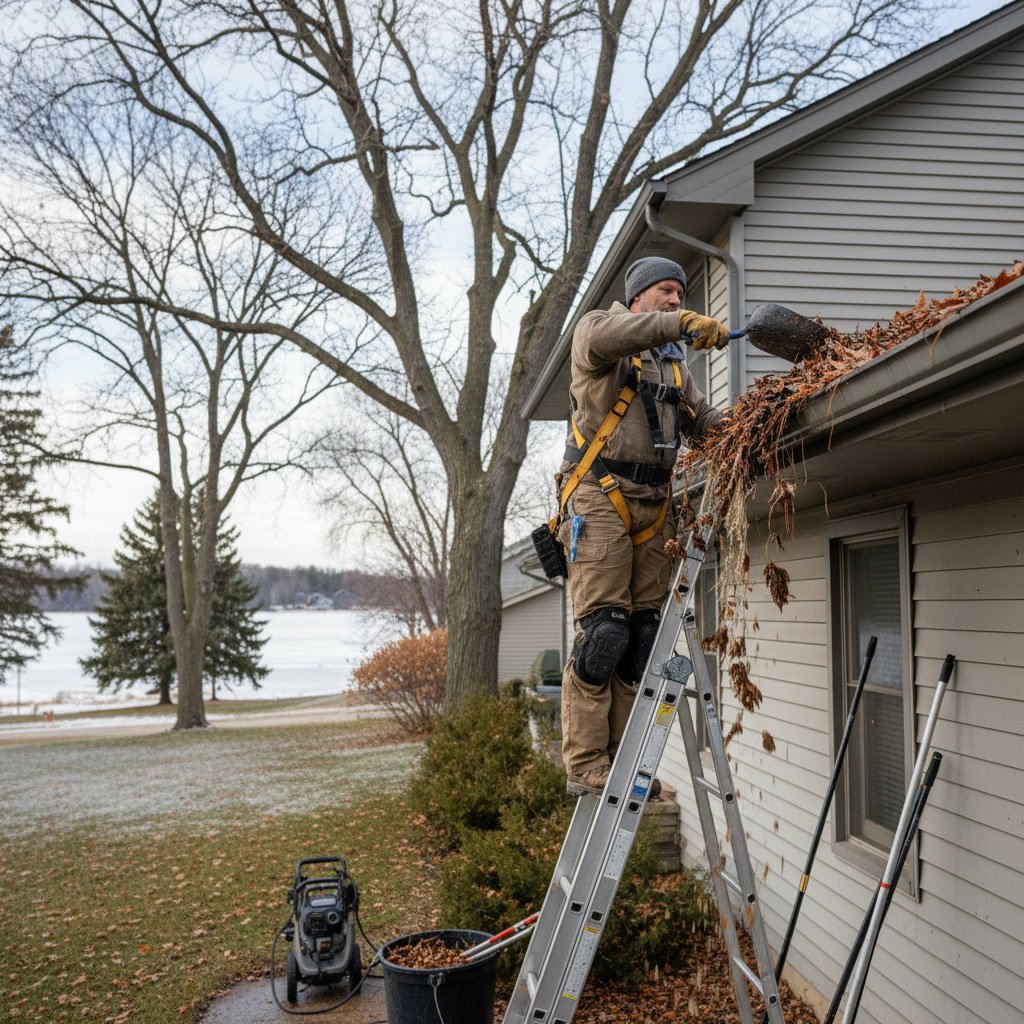 Professional gutter cleaning service on residential home in Minnesota