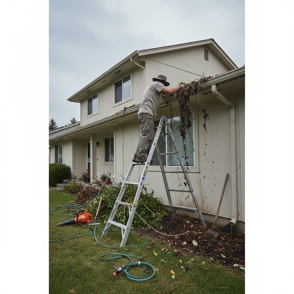 Professional gutter cleaning service safely cleaning two-story home gutters with proper equipment