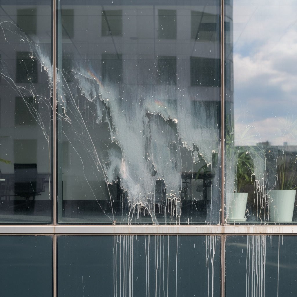 Commercial building exterior with streaked and dirty windows needing professional cleaning