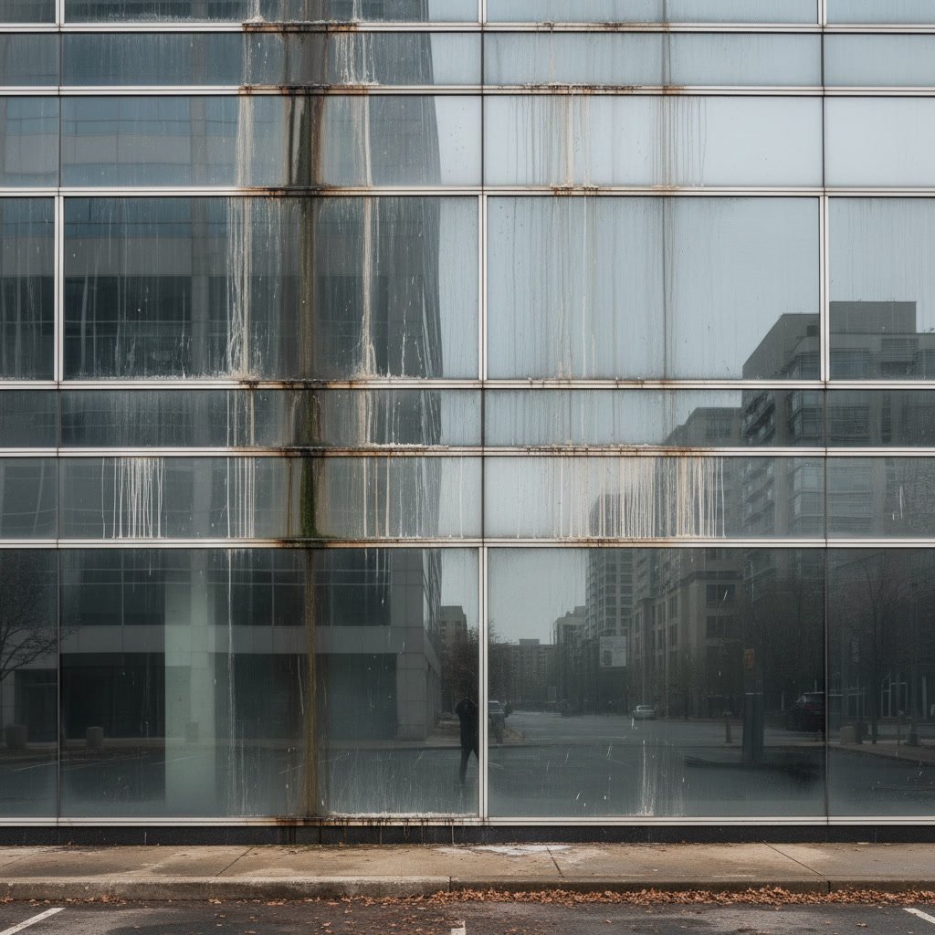 Professional window cleaner working on multi-story commercial building in Minnesota