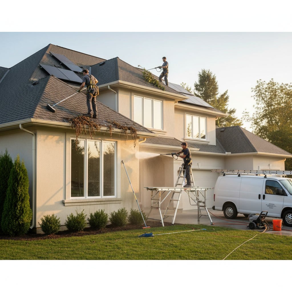 Professional technician inspecting residential gutters for damage during cleaning service