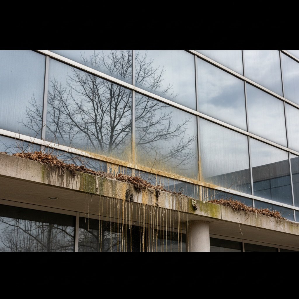 Before and after comparison of commercial building windows professionally cleaned in Blaine Minnesota