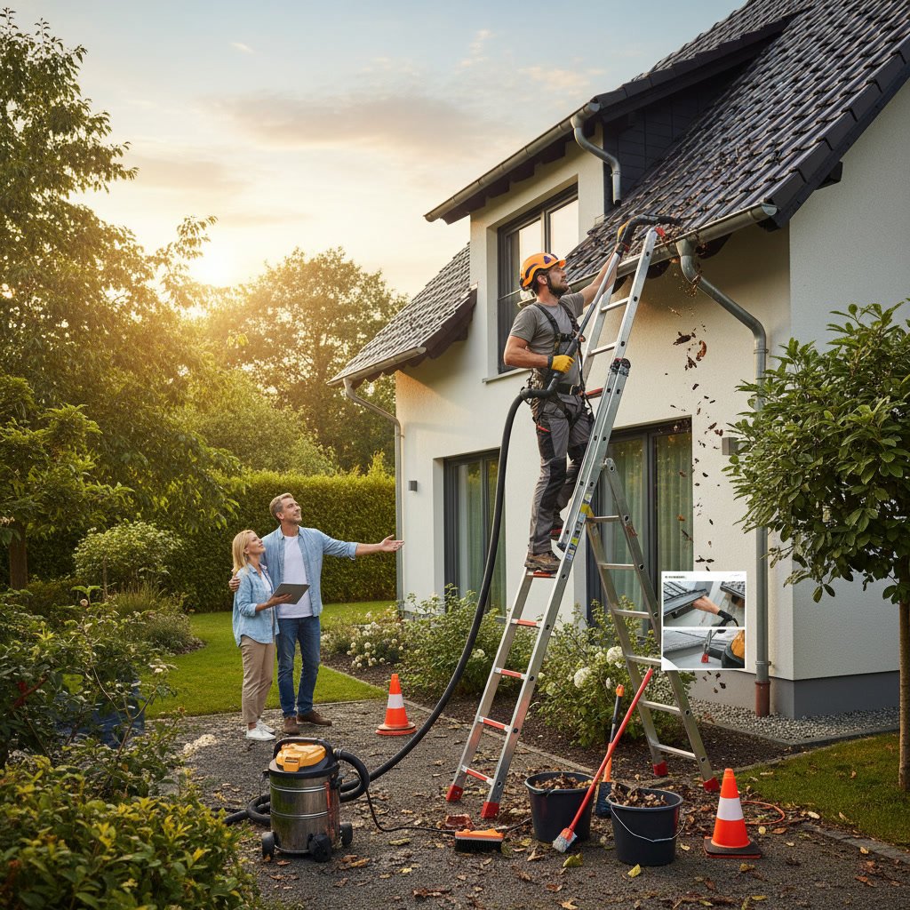 Professional gutter cleaning technician safely cleaning gutters on residential home