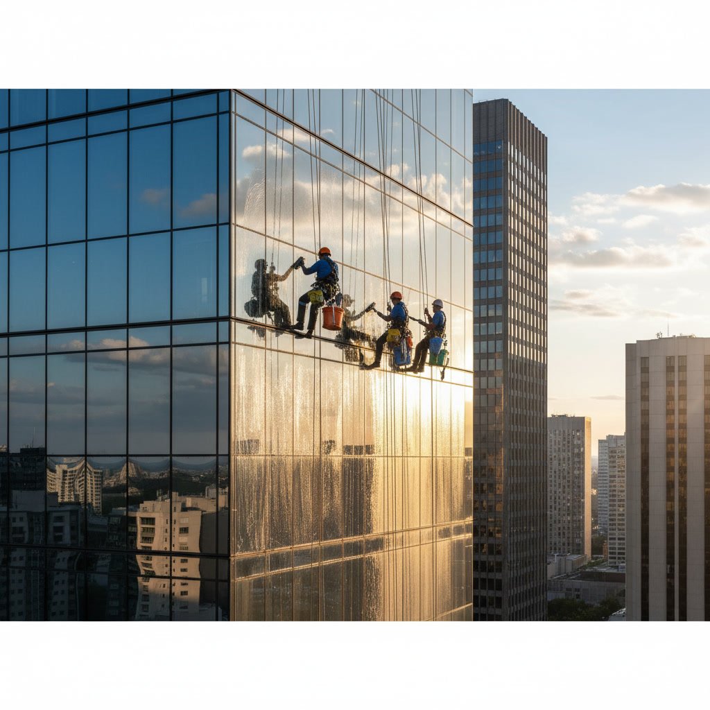 Professional window cleaner working on large commercial building windows in Blaine Minnesota