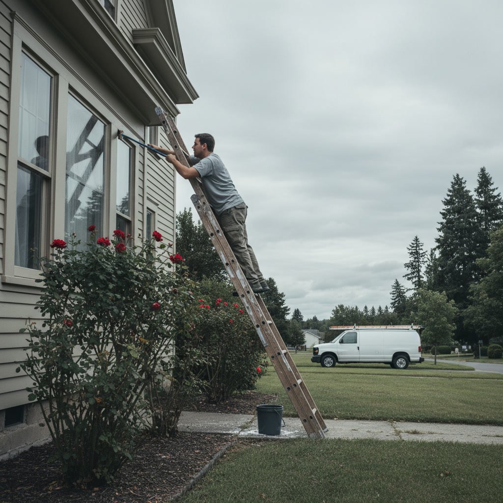 Homeowner on ladder attempting second story window cleaning showing safety risks