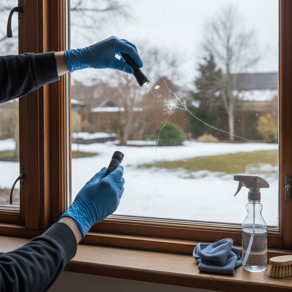 Close-up of winter salt residue and mineral deposits on residential window glass