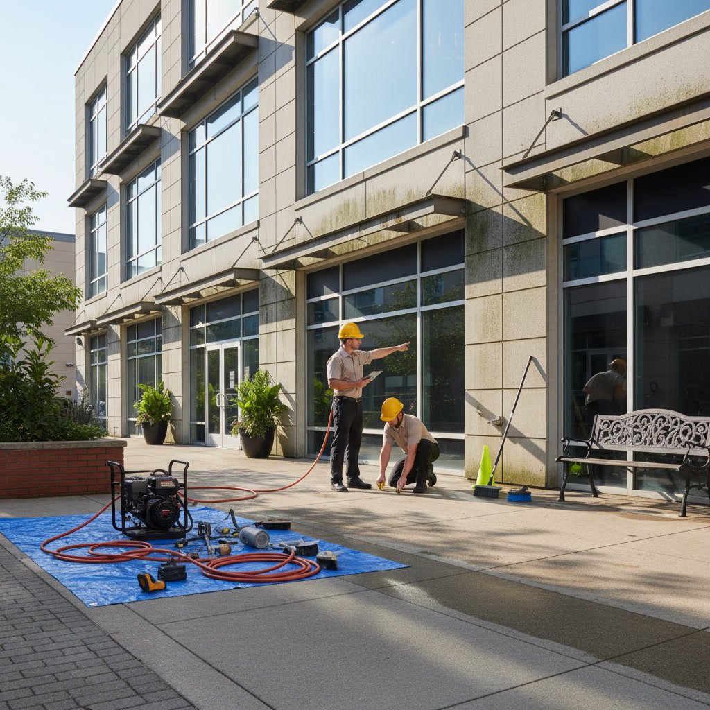 Commercial pressure washing equipment setup outside retail storefront