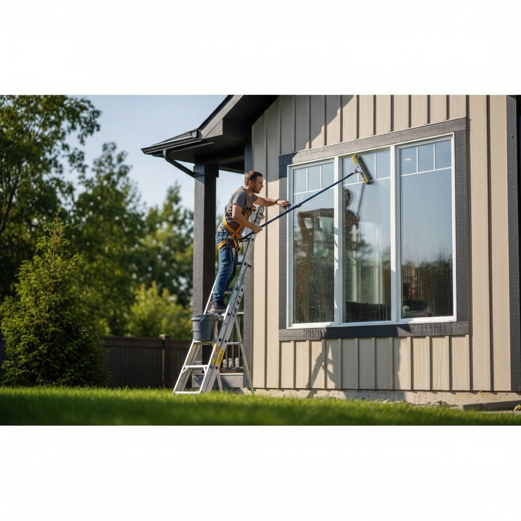 Professional window cleaner using commercial ladder and safety equipment on second story