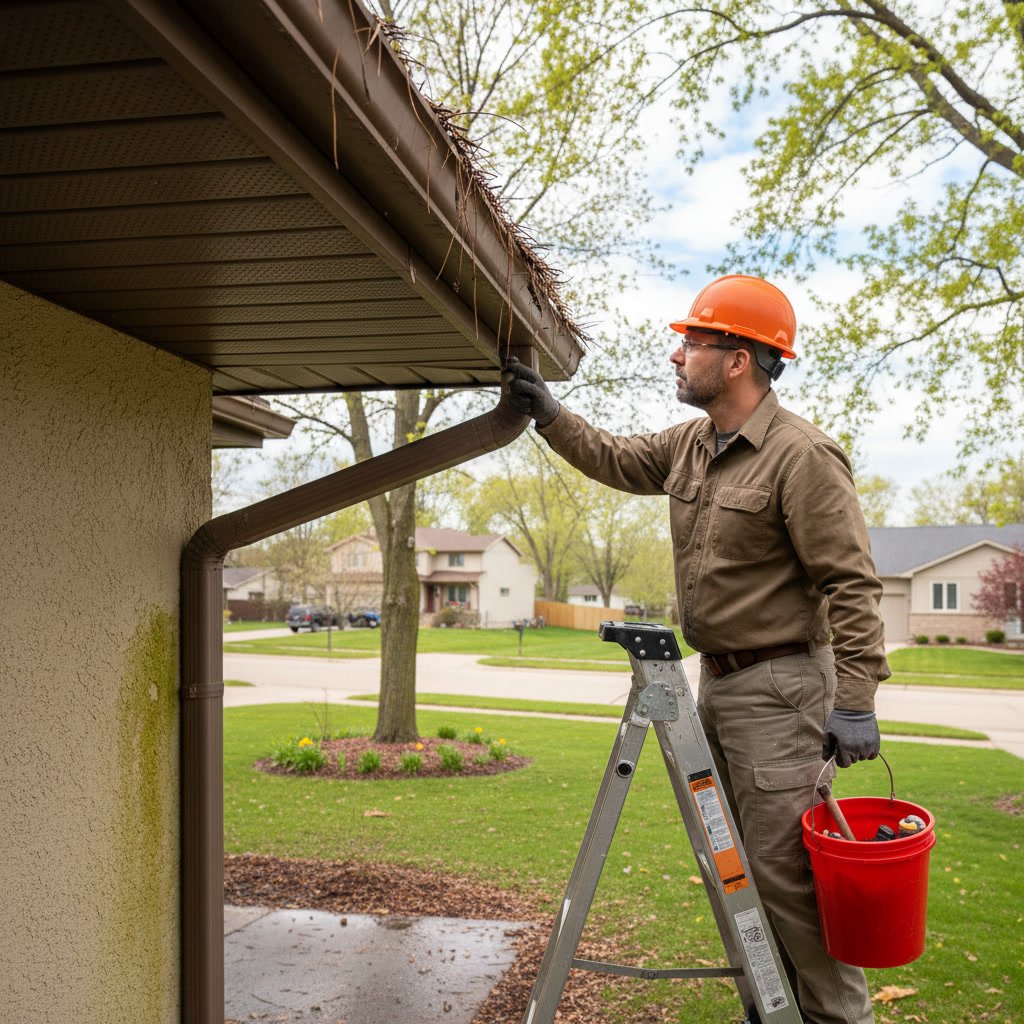 Homeowner inspecting window frames and gutters for spring cleaning and winter damage