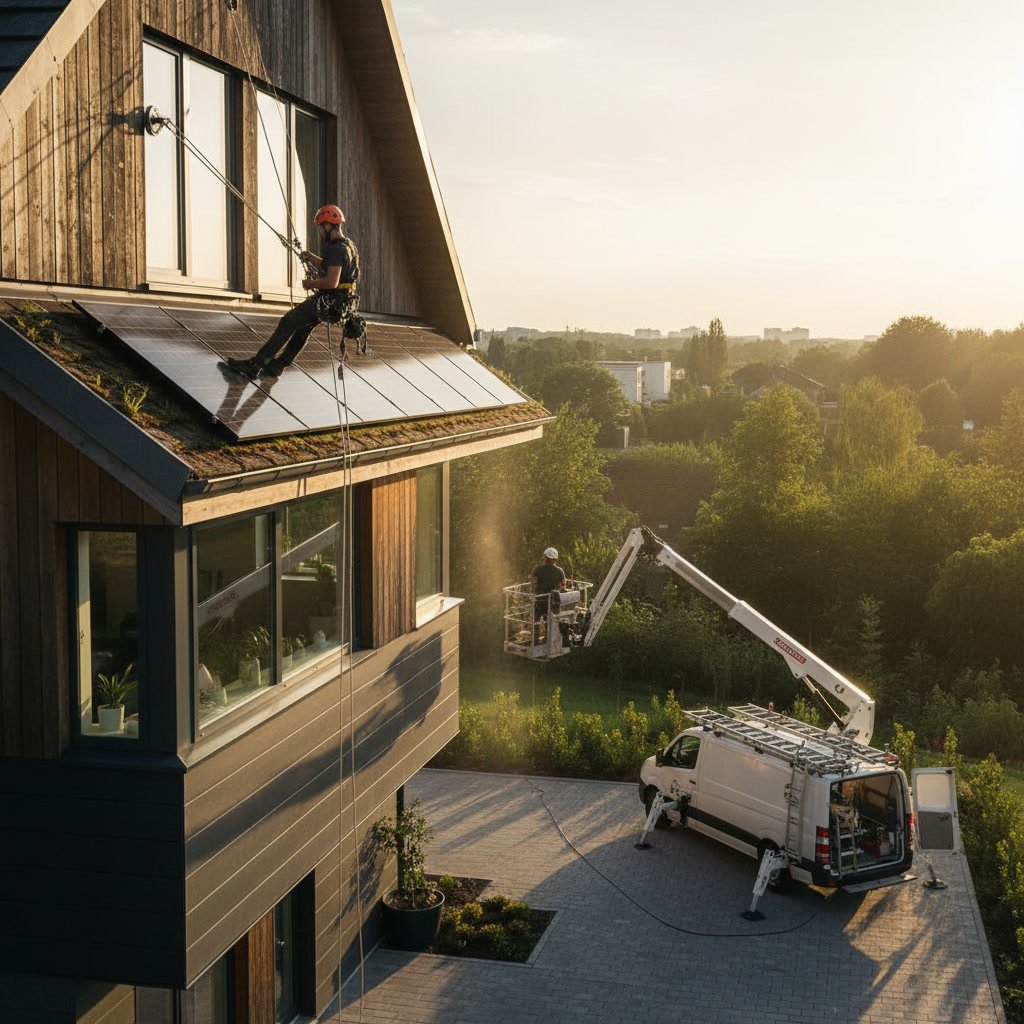 Comparison of DIY ladder setup versus professional window cleaning equipment and safety gear