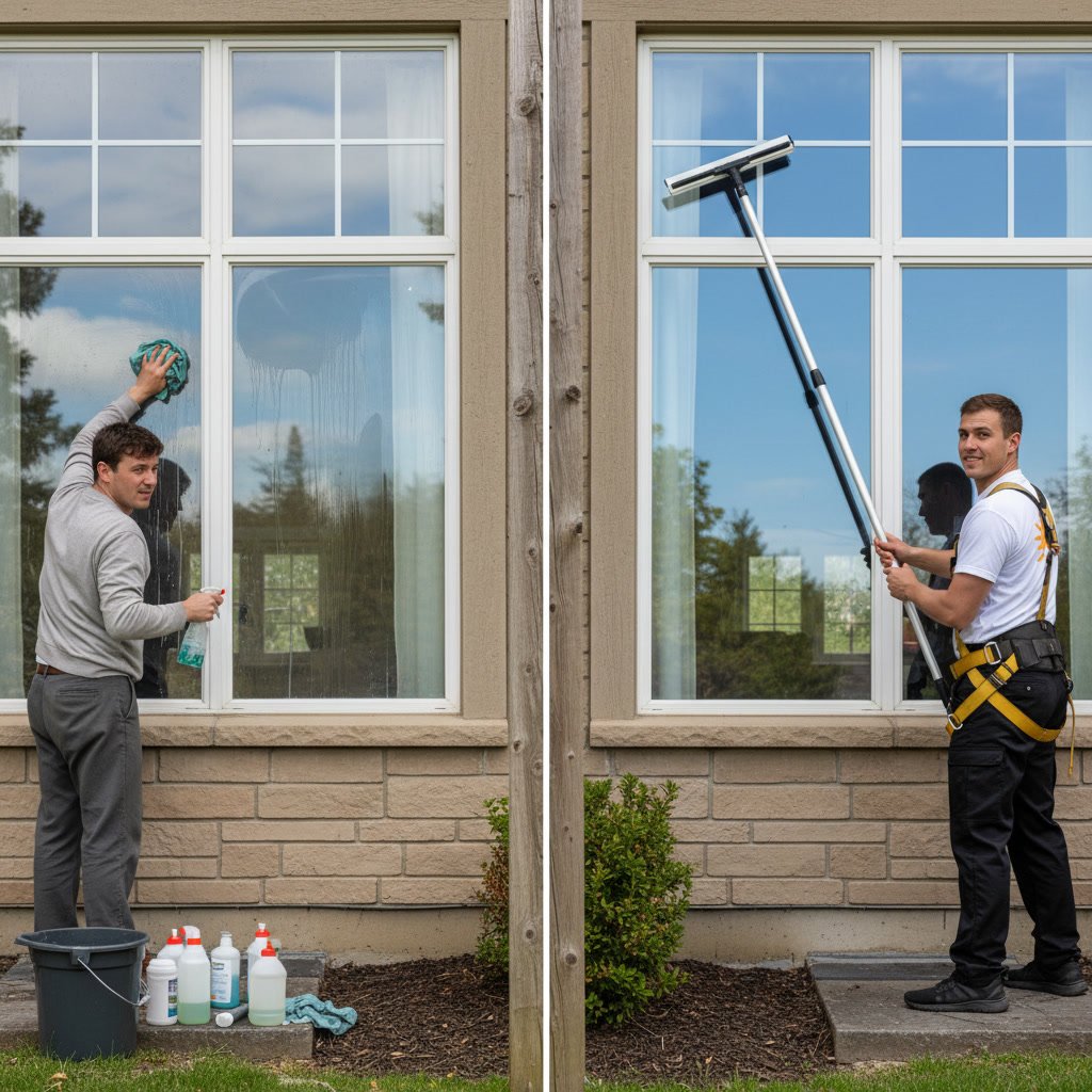 Professional window cleaner using squeegee technique on residential home after winter
