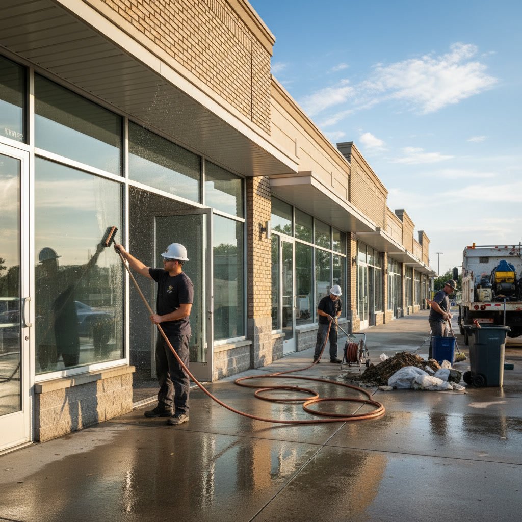 Clean commercial storefront after professional pressure washing service