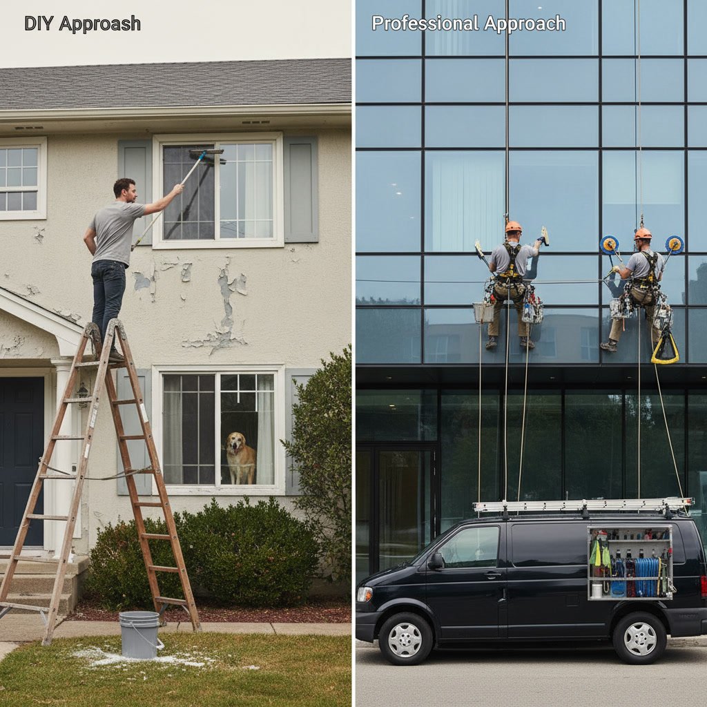 Professional window cleaner safely working on second story windows with proper ladder and safety equipment