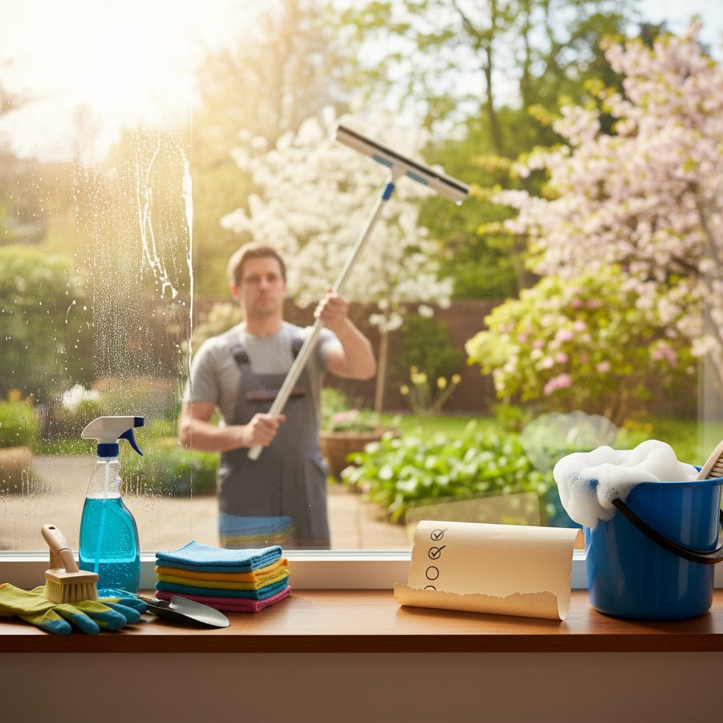 Sparkling clean residential windows reflecting blue sky after professional spring cleaning service