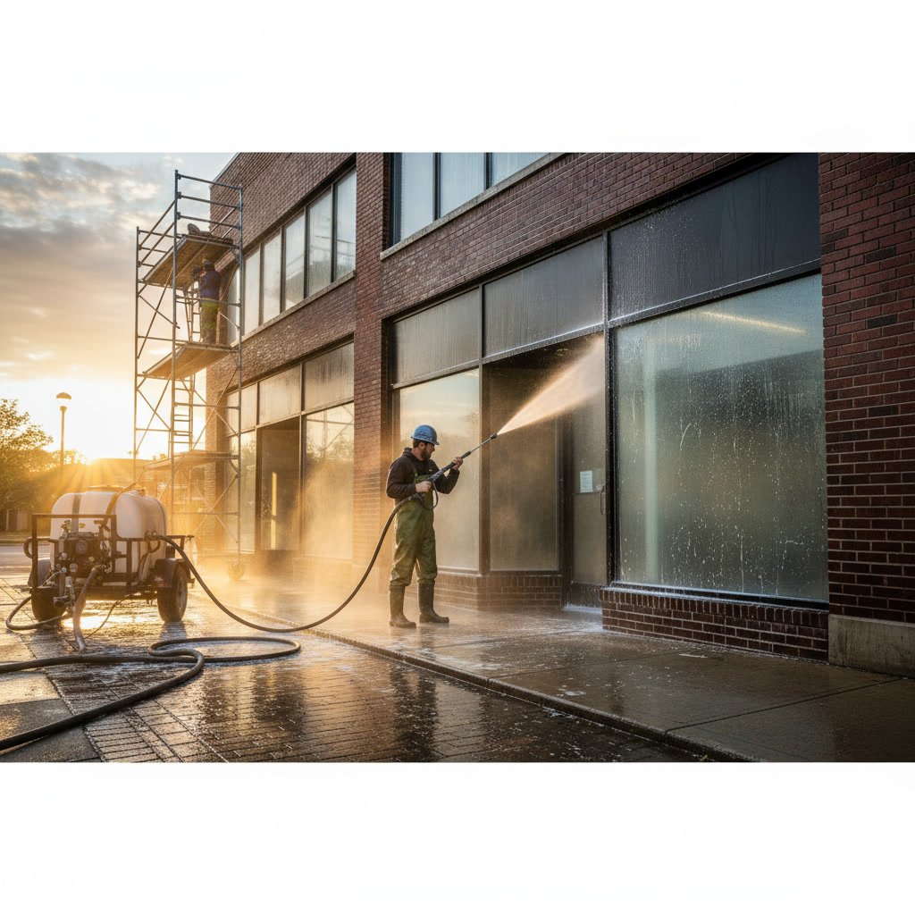 Professional pressure washing commercial storefront with clean glass windows